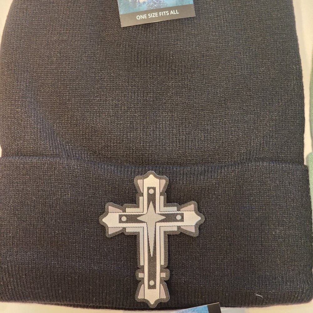 Silver Cross Patched Knit Cuffed Beanie in Black.